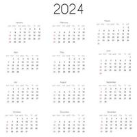 2024 Calendar year template. Vector illustration of annual calendar 2024, 12 month grid, week starts on Sunday.