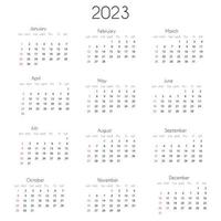 Plantilla de año calendario 2023. ilustración vectorial del calendario anual 2023, cuadrícula de 12 meses, la semana comienza el domingo. vector