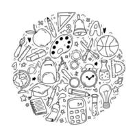 Set of doodle elements associated with school and knowledge in a circle. Back to school concept. School supplies as globe, ruler, backpack, pen, paints. vector