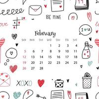 2023 Calendar for February. Vector illustration of month calendar on blue background with doodles. Seamless cute colorful pattern for valentine s day with month grid in cartoon flat style.