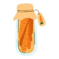 Home made carrot pickles, canned vegetables in cartoon hand drawn flat style. Vector illustration of glass jar with preserved food. Autumn harvest season, marinated veggies.