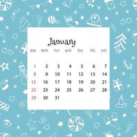 2023 Calendar for January. Vector illustration of month calendar on blue background with doodles. Seamless winter pattern with month grid in cartoon flat style.