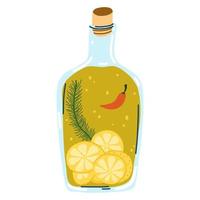 Vector illustration of glass jar with olive oil, herbs, lemons and red hot chili pepper in cartoon flat style. Mediterranean food, healthy eating, oil bottle, ingredients for cooking.