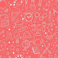 dibujado a mano doodle de patrones sin fisuras con los iconos de la escuela sobre fondo de color rosa. ilustración vectorial de suministros, concepto de regreso a la escuela para impresión, diseño web y textil, papelería. vector