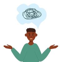 Young confused black man in cartoon flat style. Concept of confusion, difficult choices, confused thoughts, not knowing what to do. Vector illustration of upset male character.