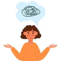 Young confused girl in cartoon flat style. Concept of confusion, difficult choices, confused thoughts, not knowing what to do. Vector illustration of upset female character.
