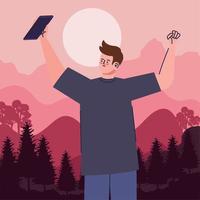 hombre tomando una selfie en el bosque vector