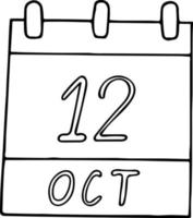 calendario dibujado a mano en estilo garabato. 12 de octubre. día mundial de la artritis, fecha. icono, elemento adhesivo para el diseño. planificación, vacaciones de negocios vector