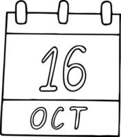 calendario dibujado a mano en estilo garabato. 16 de octubre. día mundial del pan, comida, anestesia, jefe nacional, fecha. icono, elemento adhesivo para el diseño. planificación, vacaciones de negocios vector