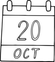 calendario dibujado a mano en estilo garabato. 20 de octubre. día internacional de los chefs, estadísticas mundiales, controlador de tráfico aéreo, osteoporosis, fecha. icono, elemento adhesivo para el diseño. planificación, vacaciones de negocios vector