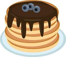 pancake with chocolate and blueberries on a plate in flat style. single element for design. food, american dessert vector