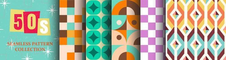 Colección de patrones sin fisuras de los años 50. conjunto de gráficos vectoriales vívidos abstractos en estilo retro vintage para prendas de vestir. cartel de volante, elementos de banner