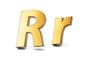 3d letra r en metal dorado sobre un fondo blanco aislado, mayúscula y minúscula ilustración 3d foto