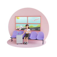ung flicka Sammanträde på väntar stolar på de flygplats 3d karaktär illustrationyoung flicka Sammanträde på de flygplats väntar stol med resväska 3d karaktär illustration png