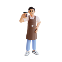 barista masculino em pé enquanto segura uma xícara de café ilustração de personagem 3d png