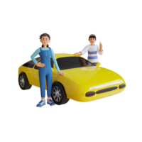 jeune homme et fille debout à côté de l'illustration de personnage 3d de voiture jaune png
