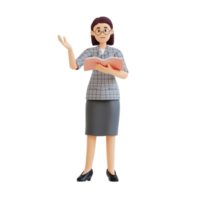 female teacher reading material from a book while standing 3d character illustration png