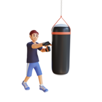 joven golpeando saco de boxeo en el gimnasio ilustración de personaje 3d png