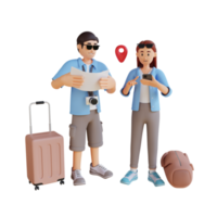 pareja feliz de vacaciones turismo ciudad con mapa 3d ilustración de personajes