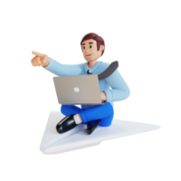 geschäftsmann mit laptop, der auf einem riesigen papierflugzeug fliegt, während er mit der hand 3d-charakterillustration nach vorne zeigt png