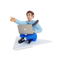 businessman with laptop flying on a huge paper airplane while pointing forward with hand 3d character illustration png