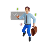 businessman analyzing data and economic growth graph on tablet and hologram screen 3d character illustration png