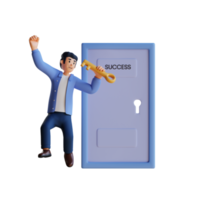 businessman holds the key to success 3d character illustration png