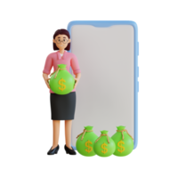 bank employee holding sack of money with big cell phone 3d character illustration png