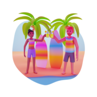 garçon et fille appréciant des boissons sur la plage illustration de personnage 3d png