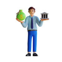 uomo d'affari Tenere miniatura banca e sacco di i soldi nel il mano 3d personaggio illustrazione png