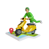 motorradtaxifahrer, der motorrad mit gps-karten 3d-charakterillustration fährt png