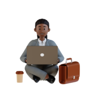 mujer de negocios sentada en el piso usando una computadora portátil ilustración de personaje 3d png