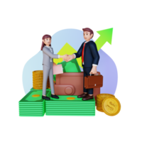 businessman and businesswoman handshake on pile of money after finish agreement 3d character illustration png