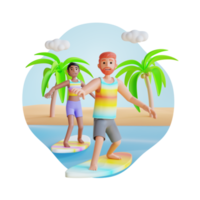 pareja joven surfeando en la playa del océano ilustración de personajes 3d png