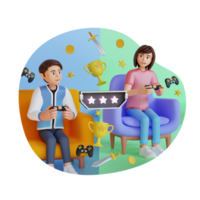 giovane uomo e ragazza giocando gioco in linea insieme a casa, 3d personaggio illustrazione png