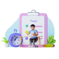 jeune homme tenant un crayon et passant un examen, illustration de personnage 3d png