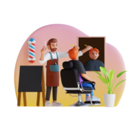 barber shop cutting customer hair 3d character illustration png