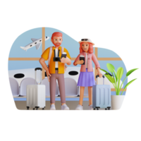 casal de turista no aeroporto com passaporte e mala, ilustração de personagem 3d png