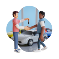 young man giving the rental car key to the consumer 3d character illustration png
