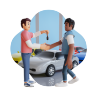 jeune homme donnant la clé de la voiture de location au consommateur illustration de personnage 3d png