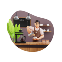 barista masculino derramando café na xícara de café para fazer ilustração de personagem 3d com leite