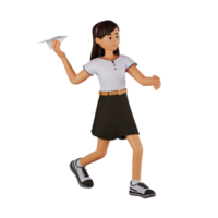 woman playing paper plane 3d cartoon character illustration png