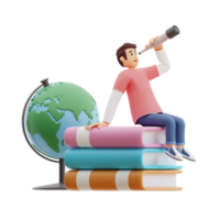 young man sitting on a pile of big books while looking through binoculars 3d character illustration png