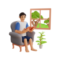 young man reading book sitting on the sofa at home 3d character illustration png