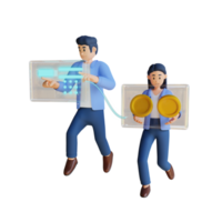 hommes d'affaires avec pièce de monnaie et écran hologramme illustration de personnage 3d png