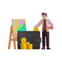 l'artiste met des pièces dans un grand portefeuille illustration de personnage 3d png