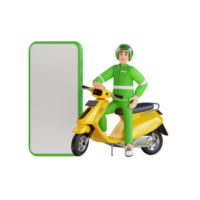 motorista ojek com uma moto e um grande celular ao lado dele ilustração de personagem 3d png
