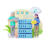 two people using digital device while standing near the server with big data, 3d character illustration png