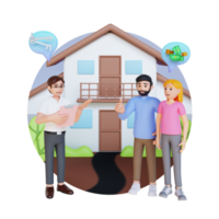 corretor de imóveis oferece novo lar para jovem casal, ilustração de personagem 3d