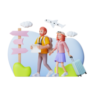 couple of tourist hold suitcase and paper map search route, 3d character illustration png